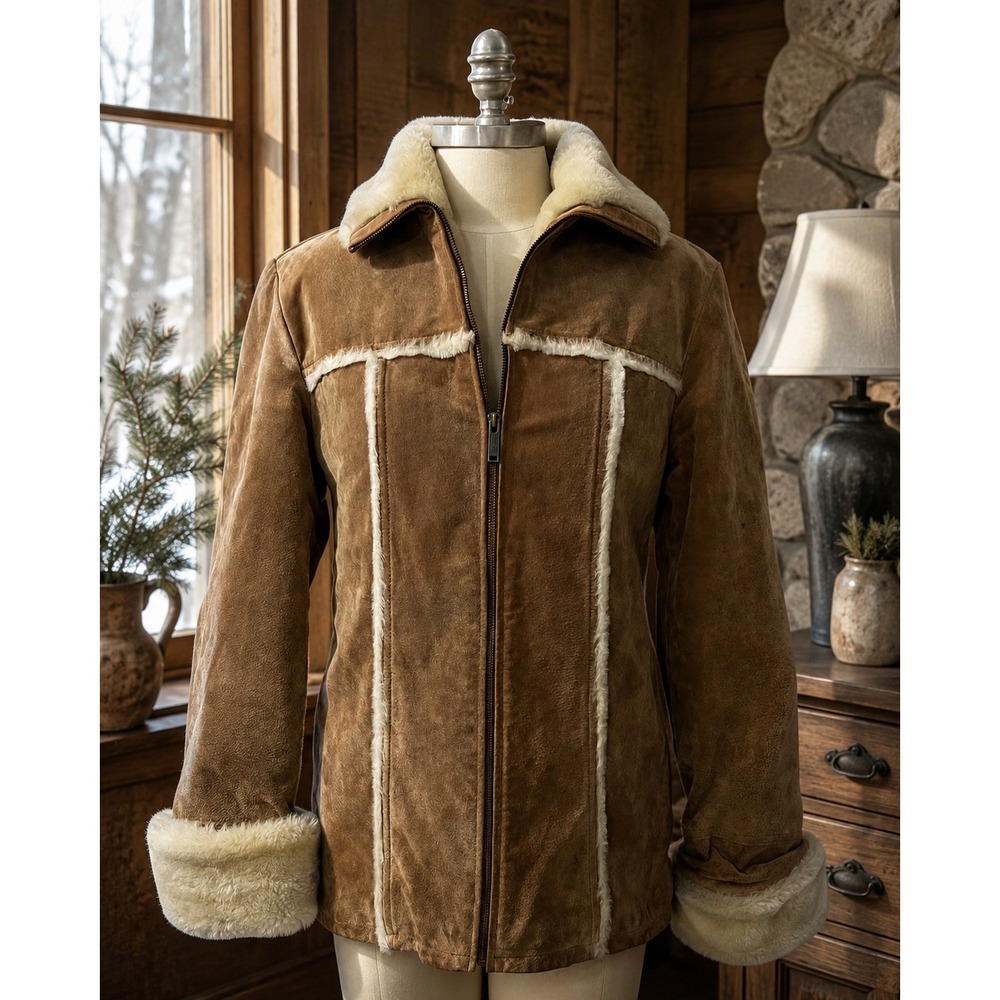 Wilsons Leather Maxima Tan Suede Faux Shearling Fur Trim Zip Jacket Medium